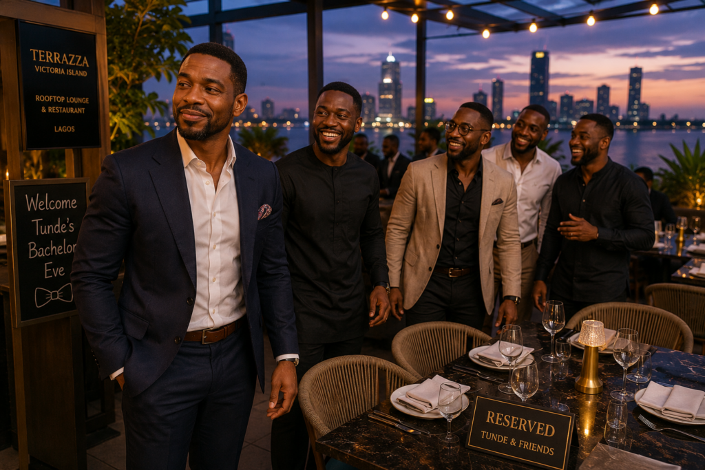 CJ and the other groomsmen arriving for Tunde's bachelor eve party in Lagos.
